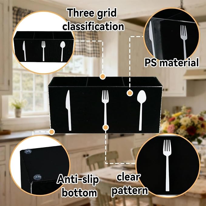 Utensil Holder,Kitchen Countertop Organizer,Silverware Organizer,3 Compartments Silverware Caddy,Plastic Utensil Holder, Large Capacity Cutlery, Spoon, Fork, and Knife Rack（Black）
