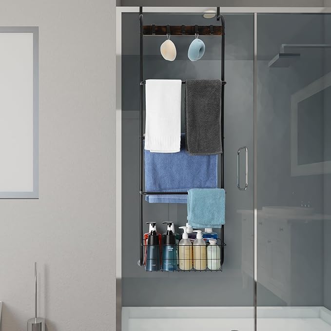 Over The Door Towel Racks for Bathroom,5-Tier Door Towel Holder with Hooks and Basket,Over The Door Towel Bar Hanger Organizer for Bathroom Bedroom Accessories, Blanket Ladder for Living Room Black