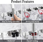 3 Racks and 4 Hooks Broom and Mop Holder Wall Mounted Garage Organizer Storage Tool Racks Stainless Steel Heavy Duty Hooks Self Adhesive Solid Non-slip Wall Hangers for Home Kitchen Garden Laundry