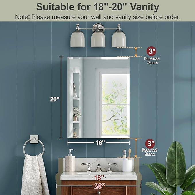 16x20 Inch Beveled Bathroom Medicine Cabinet with Mirror, Assembly Needed, Recessed or Wall Mount, 1 Adjustable Tempered Glass Shelf, Aluminum Medicine Cabinet, Side Mirror, Reversable Door