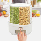 Rice Dispenser, 6 Grid 360° Rotating Cereal Dispenser Rice Container Holder with Lid, Grain Storage Organizer for Kitchen Countertop Dry Food, White, 14.3lbs
