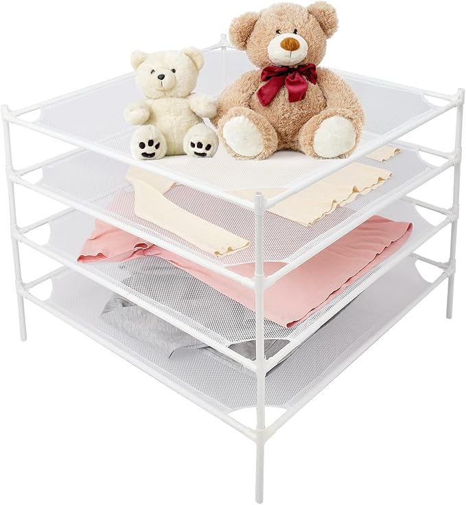 Sweater Drying Rack Flat, Metal Tube Mesh Clothes Drying Rack for Laundry with Rubber Feet, Stackable Laundry Clothing Dryer Rack for Art, Clothes, Indoor & Outdoor, White, 4-Layer