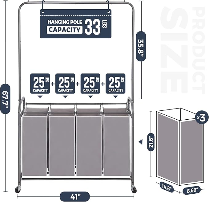 STO STO Laundry Sorter 4 Section with Hanging Bar, 4 Bag Laundry Hamper with Hanging Rod, Laundry Basket with Heavy Duty Lockable Wheels and Removable Bag for Clothes Storage, Gray