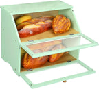 HOMEKOKO Double Layer Large Bread Box for Kitchen Counter, Wooden Large Capacity Bread Storage Bin (Mint Green)