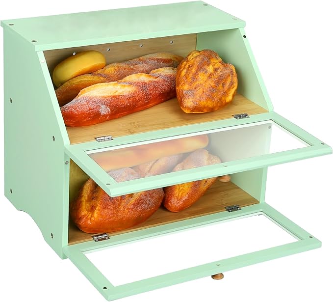 HOMEKOKO Double Layer Large Bread Box for Kitchen Counter, Wooden Large Capacity Bread Storage Bin (Mint Green)