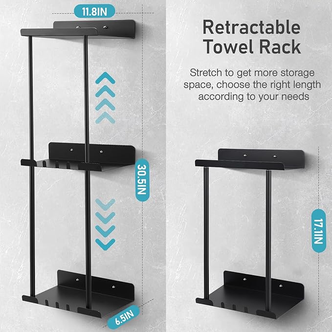 Hommtina Wall-Mounted Towel Rack & Holder - Rust-Resistant Bathroom Organizer with No Drill Installation, Space-Saving Design for Kitchen, Laundry Room (Black)
