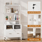 Homieasy Vertical File Cabinet with Charging Station, Lock & Large Drawer, Printer Stand with Storage Shelves, Office Storage Cabinet fits Letter/A4/Legal Size, White