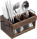 MyGift Rustic Brown Wood Utensil Holder and Napkin Rack with Black Metal Carry Handles and Chicken Wire Front Panel, Dining Flatware Cutlery Storage Caddy