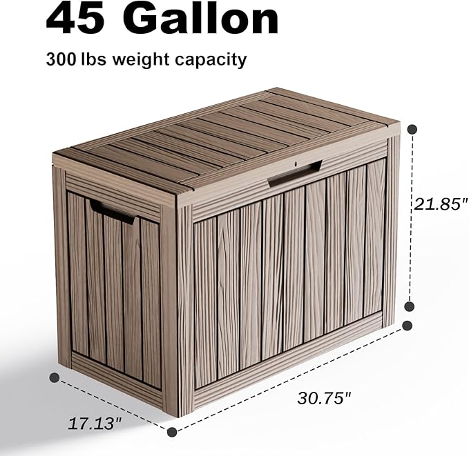 45 Gallon Resin Deck Box Outdoor Storage Box for Patio Furniture,Outdoor Cushions,Garden Tools and Pool Supplies,Waterproof,Lockable(Grey,45Gallon)