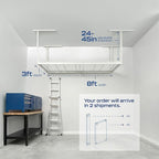 MonsterRax Overhead Garage Storage Racks 3x8’ Ceiling Mounted Shelving, Adjustable Hanging Organizer, Heavy Duty Steel, Holds 500 Pounds, Color: White, Adjustable from 24"-45" off the Ceiling