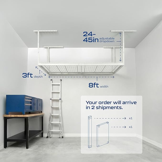 MonsterRax Overhead Garage Storage Racks 3x8’ Ceiling Mounted Shelving, Adjustable Hanging Organizer, Heavy Duty Steel, Holds 500 Pounds, Color: White, Adjustable from 24"-45" off the Ceiling
