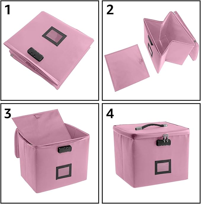 Pink Fire Proof File Box for Documents - Portable Fireproof Document Organizer Box with Handle Waterproof Safe Locking Folder Storage with Lid
