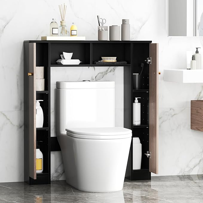 Tangkula Over The Toilet Storage Cabinet, Freestanding Above Toilet Organizer w/ 10-Level Adjustable Shelves & Crossbar, Anti-Tipping Device Included, Bathroom Space Saver (Modern, Black)