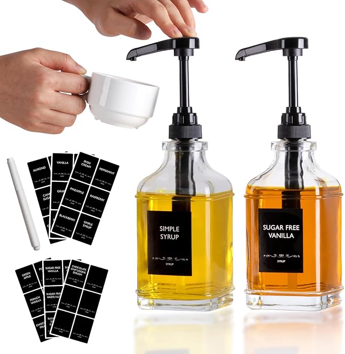 Alotpower 2-Pack 16oz Glass Coffee Syrup Dispenser Bottles, Empty Square Dispenser for Coffee Bar with 1/4oz Pump - Kit Includes 36 Labels & Marker