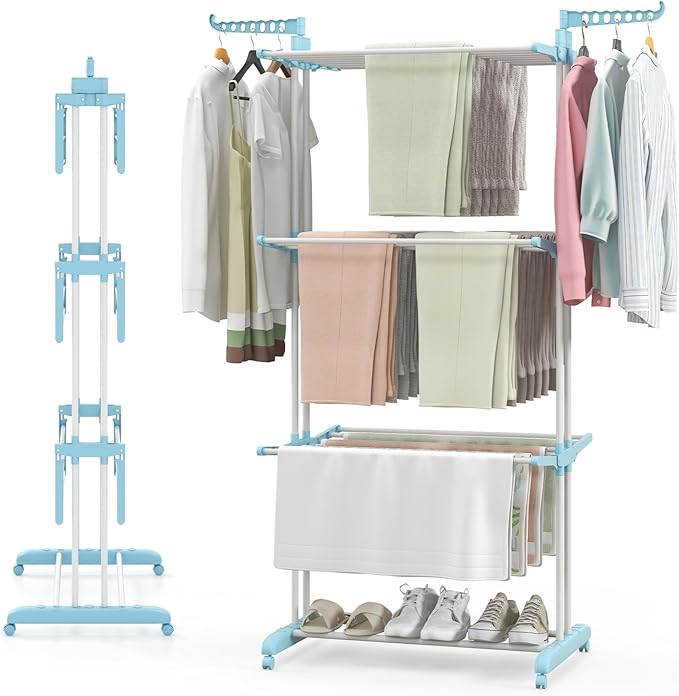 Giantex Foldable Clothes Drying Rack, Oversized 4-Tier Collapsible Laundry Rack w/ 3 Retractable Trays, Hanger Holders, Moveable Laundry Garment Dryer Stand w/Wheels for Indoor Outdoor Use, Blue