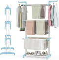 Giantex Foldable Clothes Drying Rack, Oversized 4-Tier Collapsible Laundry Rack w/ 3 Retractable Trays, Hanger Holders, Moveable Laundry Garment Dryer Stand w/Wheels for Indoor Outdoor Use, Blue