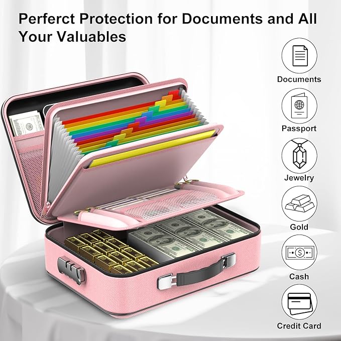 COLCASE Fireproof Document Organizer, Hard Fireproof Waterproof Document Box with Lock Creative Hard-Shell Design Fireproof Document Box for Important Documents Certificates Laptop Passports Pink