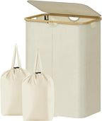 Lifewit 170L Double Laundry Hamper with Lid, Large Laundry Basket with Removable Bag & Bamboo Handles, Fodable Tall Dirty Clothes Hamper for Laundry Collapsible Bin for Bathroom Bedroom Dorm, Beige