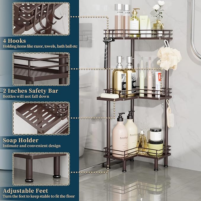 Consumest Corner Shower Caddy Standing - 3-Tier Stainless Steel Shower Organizer with Soap Holder and 4 Hooks, Large Capacity Corner Shelf Stand for Bathroom, Rest Room, Bronze