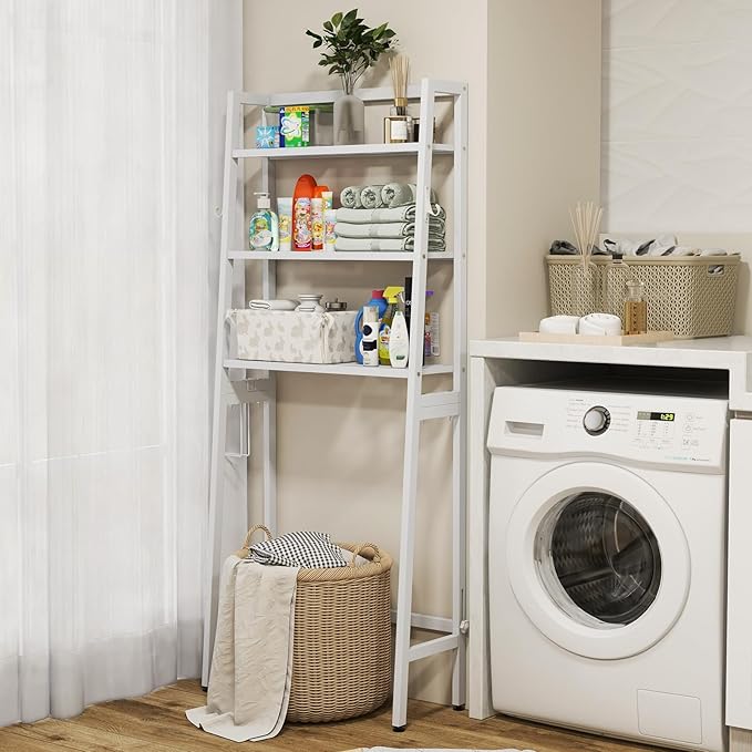 Tangkula Over-The-Toilet Storage Rack, 3-Tier Freestanding Bathroom Space Saver Shelf w/ 2 Hanging Hooks & Toilet Paper Holder, Metal Above Toilet Storage Rack for Bathroom Laundry (White, 62.5”H)