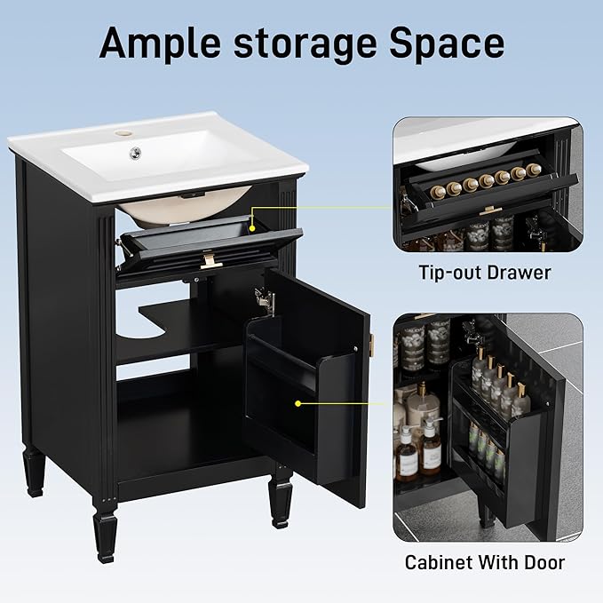20 in Small Bathroom Vanity with Sink,Soft Closing Door,Tilt-Out Drawer and Adjustable Shelf,Solid Wood Modern Single Bathroom Sink Cabinet,Freestanding (Black)