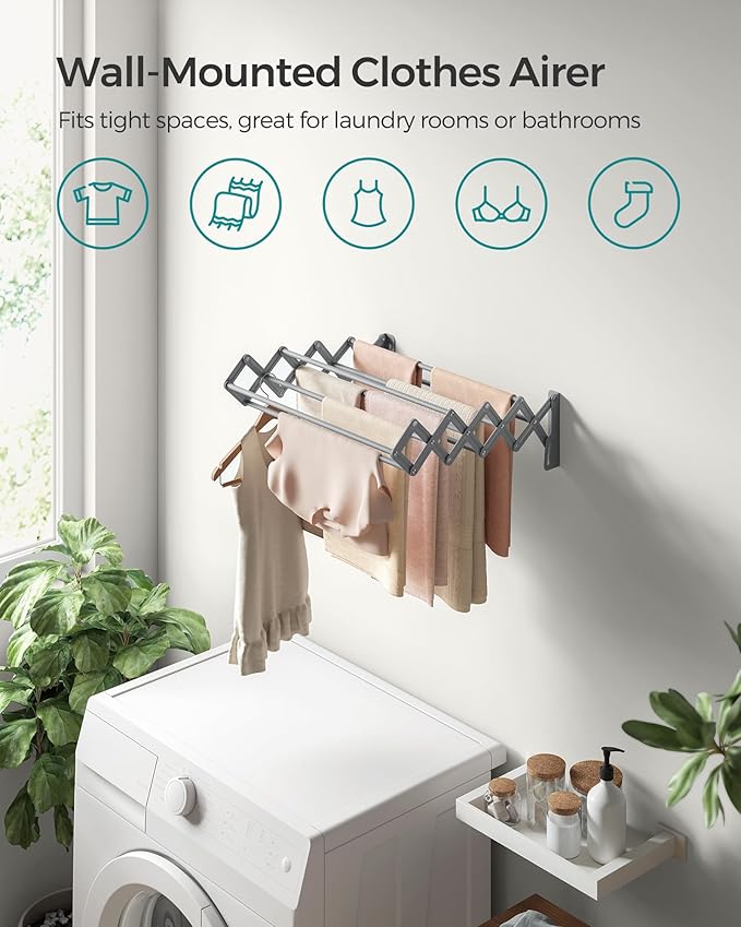 SONGMICS Clothes Drying Rack, Wall-Mounted Drying Rack Clothing, Small Accordion Laundry Rack, 9 Staggered Hanging Rods, Expandable and Retractable, Dove Gray ULLR802G01