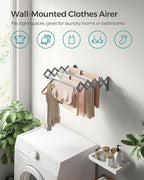 SONGMICS Clothes Drying Rack, Wall-Mounted Drying Rack Clothing, Small Accordion Laundry Rack, 9 Staggered Hanging Rods, Expandable and Retractable, Dove Gray ULLR802G01