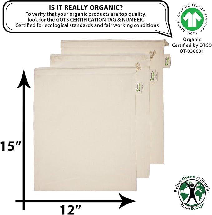 Simple Ecology Reusable Grocery Produce Shopping and Storage Bags, Organic Cotton Muslin, Large 3 pack