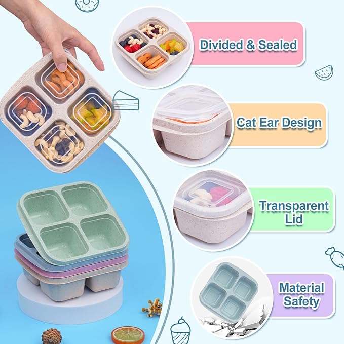 4 Pack Snack Containers, Divided Bento Snack Box, 4 Compartments Reusable Meal Prep Lunch Containers for Kids Adults, Food Storage Containers for School Work Travel