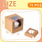 BOOMIBOO 75 Pack Individual Cupcake Containers, Cupcake Boxes with Window, Food Grade Cupcake Holders with Inserts, Stackable Deep Cupcake Carrier (Brown)