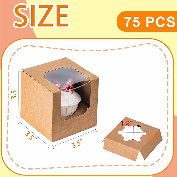 BOOMIBOO 75 Pack Individual Cupcake Containers, Cupcake Boxes with Window, Food Grade Cupcake Holders with Inserts, Stackable Deep Cupcake Carrier (Brown)