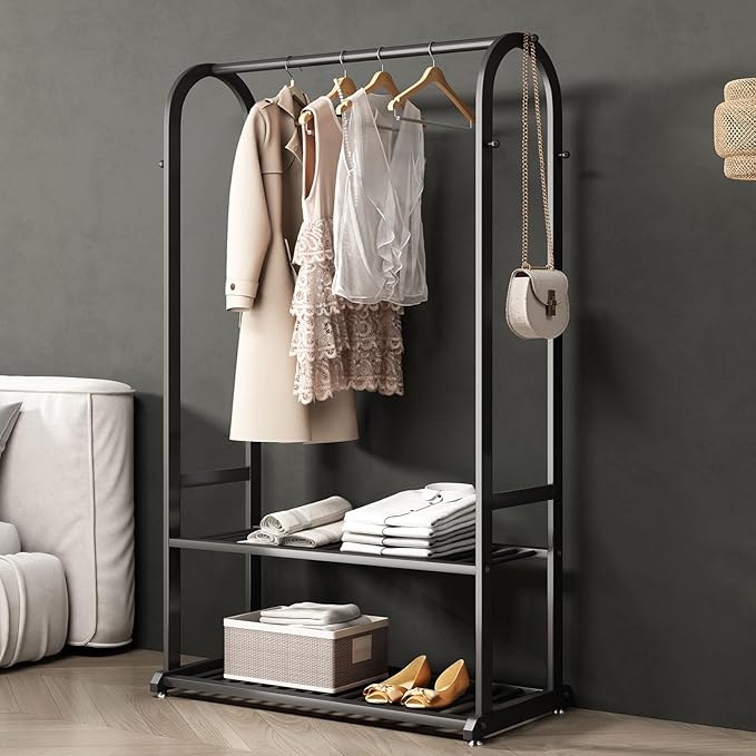 Freestanding Clothing Rack,Metal Garment Rack with Bottom Shelves and 6 Side Hooks,Black Sturdy clothes racks for hanging clothes,Modern Wardrobe Organizer for Bedroom or Closet (L:39.4)
