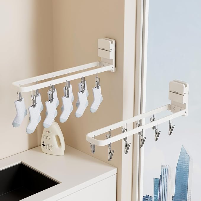 1 Pack Wall Mounted Suction Cup Clothes Drying Rack with 10 Clips, Portable & Collapsible Sock Hanger for Drying Socks, Bras, Underwear, Baby Clothes, Towels