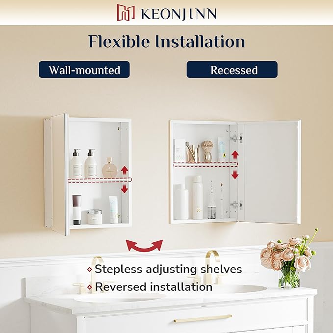 Keonjinn White Medicine Cabinet 14 x 18 Inch, Assembly Required, Medicine Cabinet Mirror for Compact Bathroom, One Shelf Only, Free Adjustable Shelves, Wall Mount or Recessed, Tempered Glass