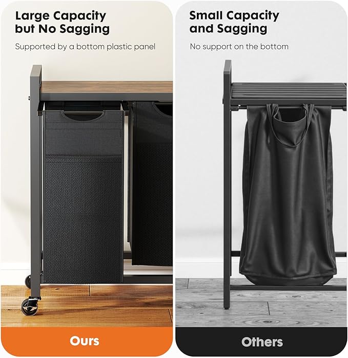 NEWBULIG Rolling Laundry Hamper with Removable Pull-Out Bag, Freestanding Clothes Basket Organizer with Wheels for Bathroom & Bedroom, 3 × 10.8 Gal (123L) - Rustic Brown & Black