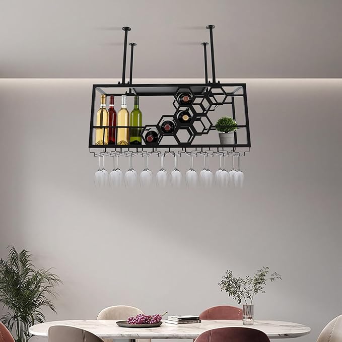 Ceiling Mounted Wine Rack with Glass Holder, Black Iron Hanging Wine Bottle Storage, 39.37x11.81x15.75 Inch, 150lbs Capacity, Modern Rectangular Design