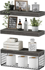 QEEIG Bathroom Shelves Over Toilet - Wall Mounted Floating Shelves Toilet Paper Storage Small Farmhouse Decor Shelf 16 inch Set of 3, Grey (019-GY3)