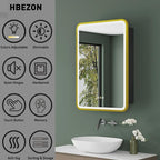 Medicine Cabinet with LED Lights and Mirror, 16W x 28H Inch Wall or Recessed Mounted Bathroom Cabinet with Right Hinge, Storage Shelf, Defogger, Memory Function, 3-Color Mode, Dimmer, Gold