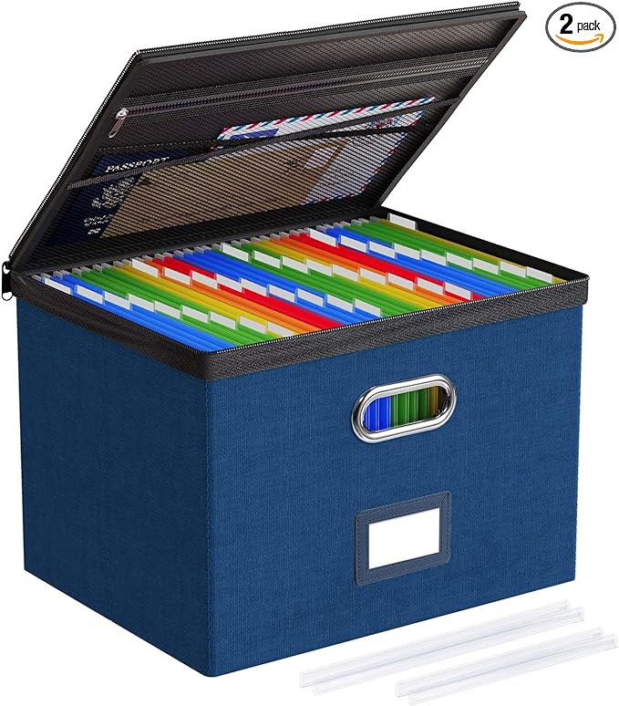 Oterri File Organizer Boxes with Lids, File Box with Mesh Pockets, Document Organizer Box for Letter Size Folders, Zippers Important Document Organizer (Dark Blue, Large-1 Pack Without Folders)