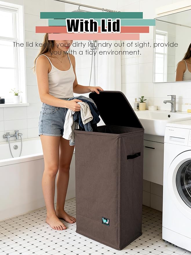 Laundry Hamper with Lid, Reinforced Sturdy Clothes Hamper with Anti-Puncture Base, Large Collapsible Laundry Basket with Removable Liner Bag, Tall Dirty Clothes Bin for Family, 100L Chocolate