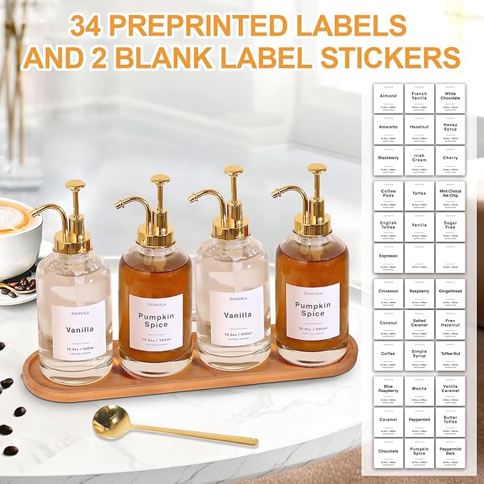 Coffee Syrup Dispenser for Coffee Bar, 16.9oz 500ml Glass Syrup Dispenser w Golden Coffee Scoop, Coffee Syrup Pump Dispenser w 36 Labels and Bamboo Tray, Coffee Syrup Bottles with Golden Pump, 4PCS