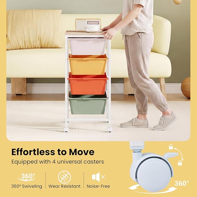 GOFLAME 4-Drawer Rolling Storage Cart, Craft Storage Cart with Wooden Tabletop and Lockable Wheels, Art Cart Supply Storage Organizer with Metal Frame for Home Office Classroom, Macaron Color