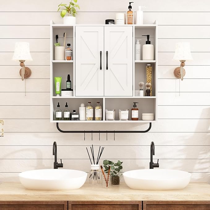 RUSTOWN Rustic Wood Wall Bathroom Cabinet, Farmhouse Medicine Cabinet Wall Mounted, Space Saving Wall Storage Cabinet with 2 Barn Door, 3-Tier Adjustable Shelves and Towel Bar (White)