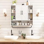 RUSTOWN Rustic Wood Wall Bathroom Cabinet, Farmhouse Medicine Cabinet Wall Mounted, Space Saving Wall Storage Cabinet with 2 Barn Door, 3-Tier Adjustable Shelves and Towel Bar (White)