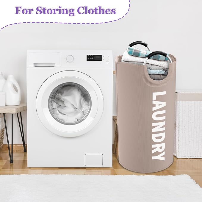 95L Folding Laundry Basket for Singles, Large Laundry Hamper with Aluminum Handles, Freestanding Dirty Clothes Basket, Sturdy Oxford Fabric Clothes Hampers for Travel, Dormitory, Khaki