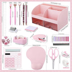 18 Pack Pink Office Supplies Desk Accessories for Women Desk Organizer Box Calculator Staple Remover Stapler Scissors Clips Mouse Pad Sticky Notes Index Notes Tape Dispenser Ruler Tap Pen