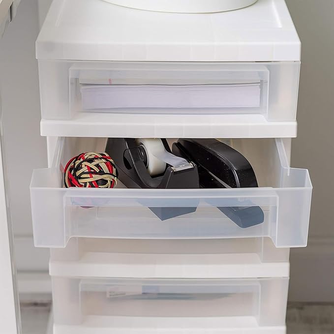 IRIS USA Plastic Drawer Storage Organizer Rolling Cart, 2-Pack, with Wheels Casters, 3-Drawers, for Classroom Art Craft Supplies Dresser Closet Bathroom Laundry Room, White/Clear