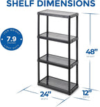 Gracious Living 4 Shelf Fixed Height Solid Light Duty Storage Unit 12 x 24 x 48" for Home, Garage, Basement, & Laundry, Black (4 Pack)