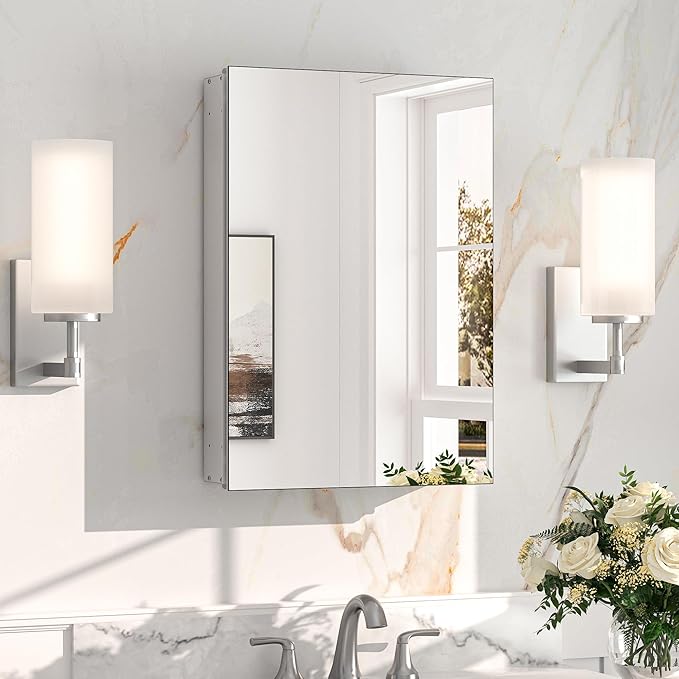 Keonjinn 16 x 24 Inch Medicine Cabinet, Bathroom Medicine Cabinet with Mirror, Lightweight Aluminum Structure, Assembly Required, in Wall or Wall Mount, Adjustable Shelves, Tempered Glass