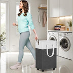 HomeHacks Laundry Basket with Wheels, Rolling Laundry Hamper, Collapsible & Waterproof Clothes Hamper, Narrow Corner Bins with Extended Handles in the Family & Dorm 90L(Grey)